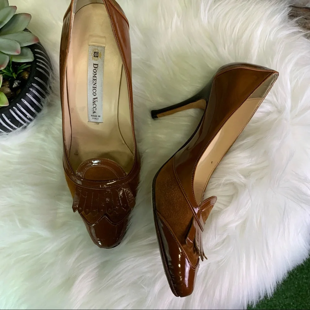 DOMENICO VACCA Italian Made Suede and Leather Burnt Caramel Kiltie Pumps, 38